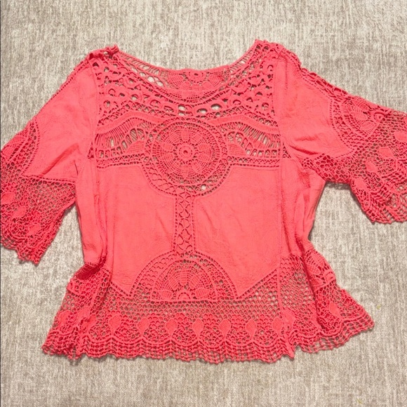 Women's Large XL Coral Crochet top embroidered crinkle so cute! Democracy? - Picture 1 of 4
